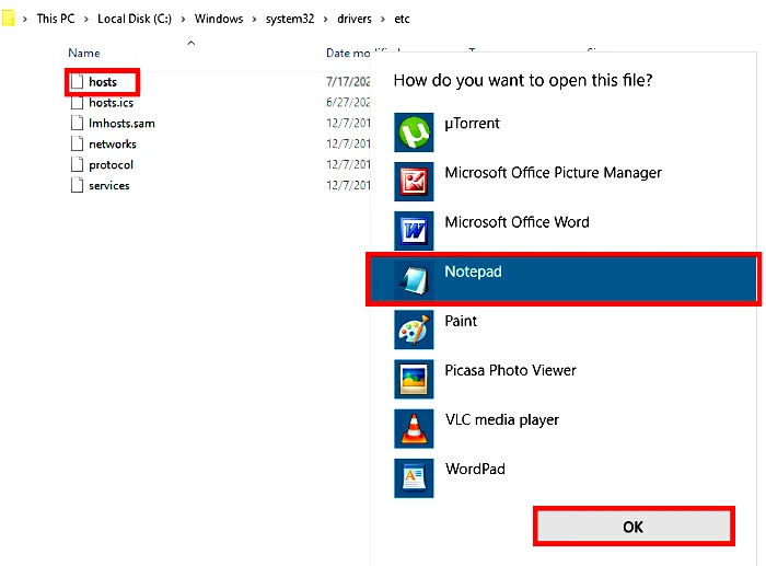 Host file opening in Notepad