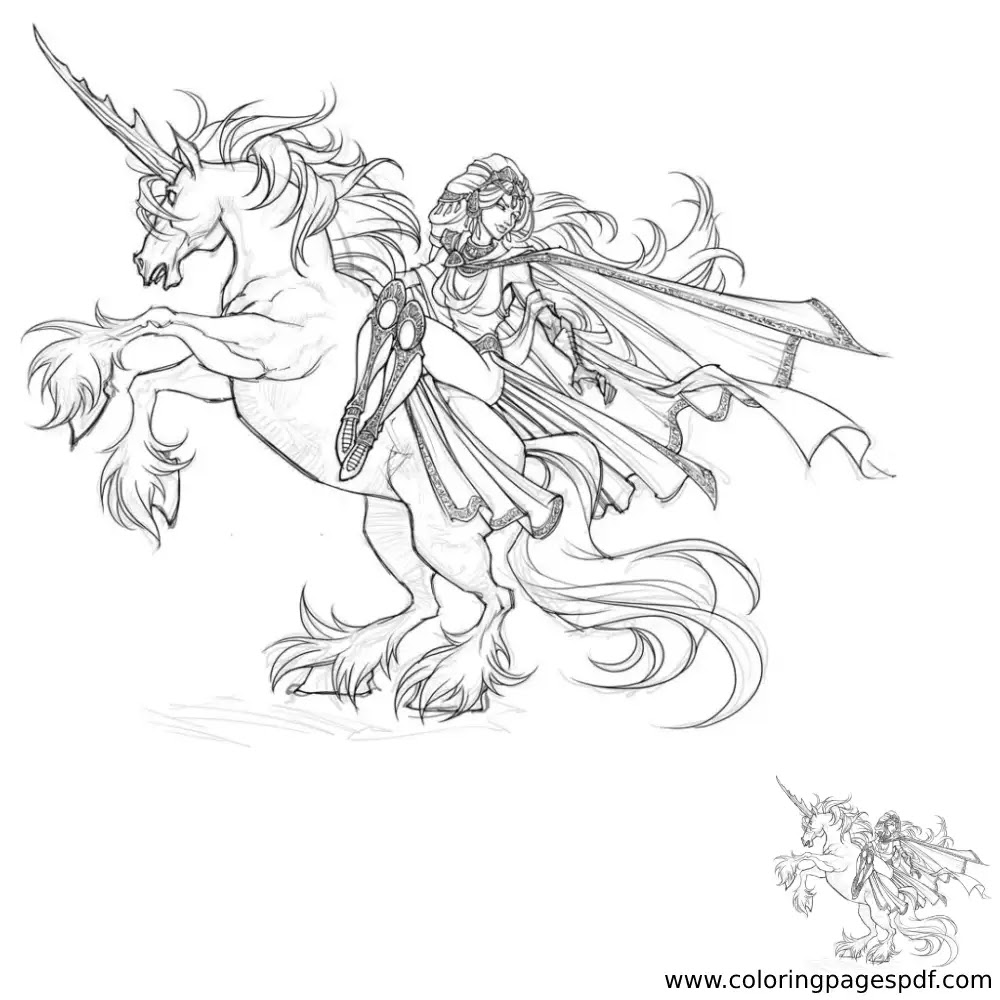 Coloring Page Of A Battle Unicorn With A Female Warrior