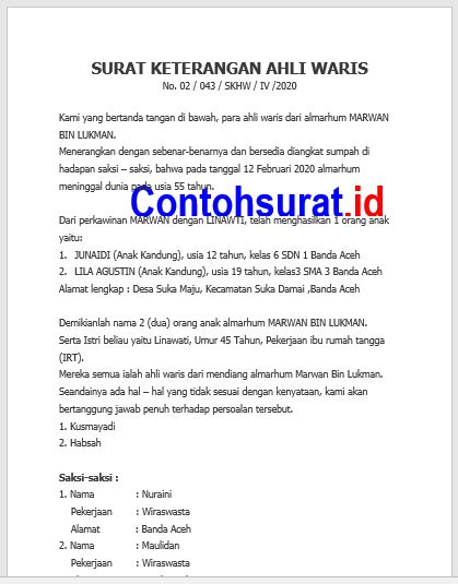 Surat Pernyataan Ahli Waris Yang Baik Dan Benar Contoh Surat
