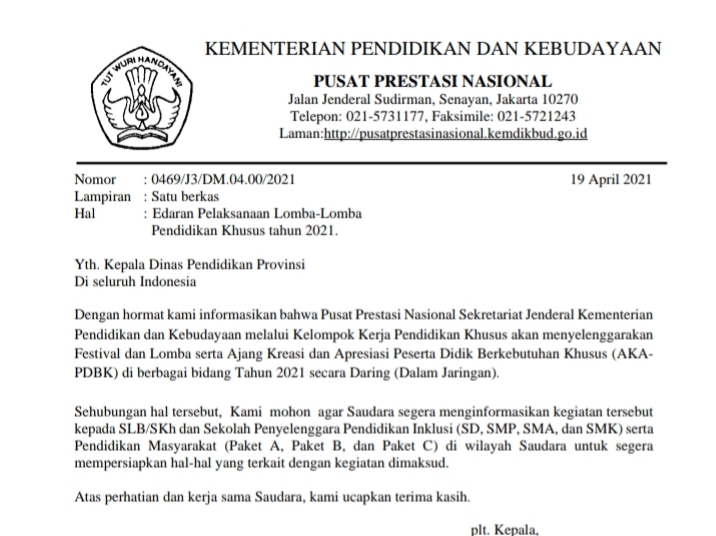Ambil Disini Surat Edaran Pemberitahuan Pelaksanaan Lomba Lomba Pendidikan Khusus Tahun 2021 Media Brita Rakyat