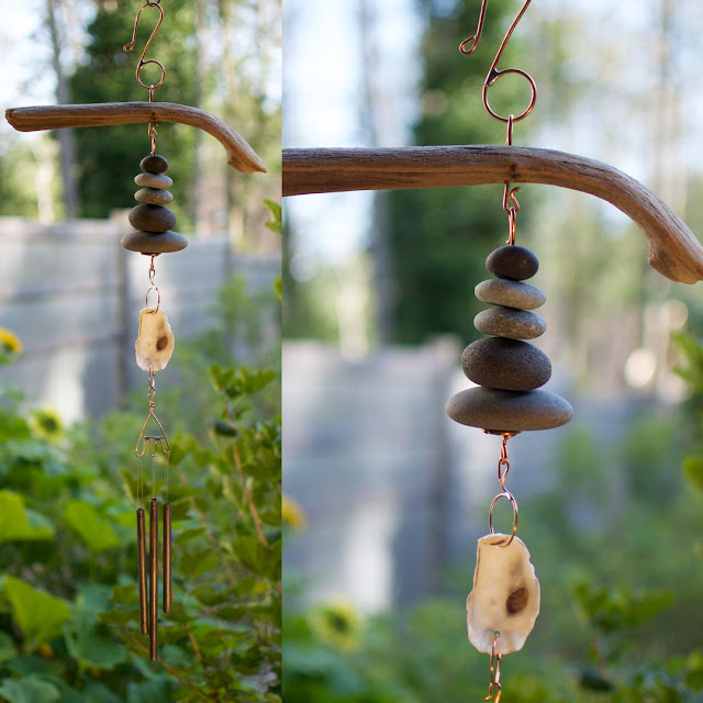 Beachcomber wind chime: driftwood, beach stones, oyster shell. Coast Chimes