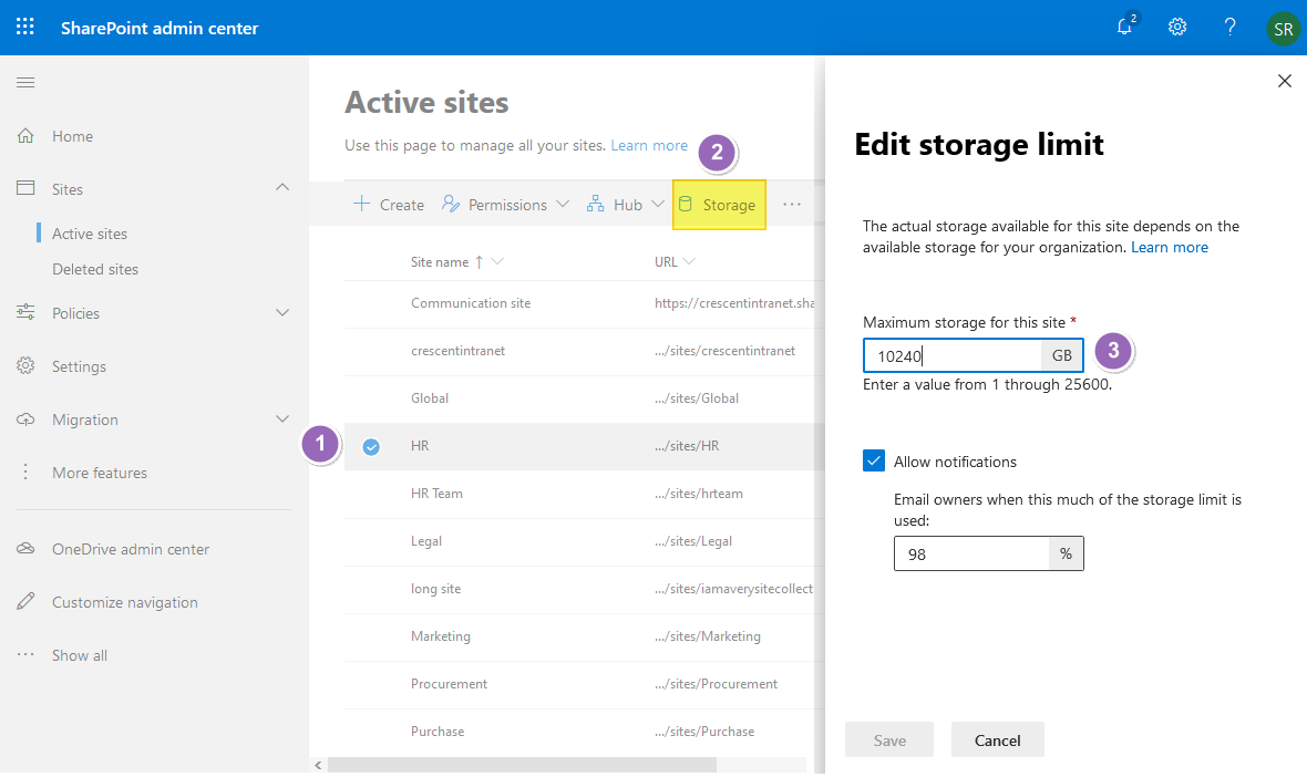 Office 365 Managing Site Storage Limits in SharePoint Online