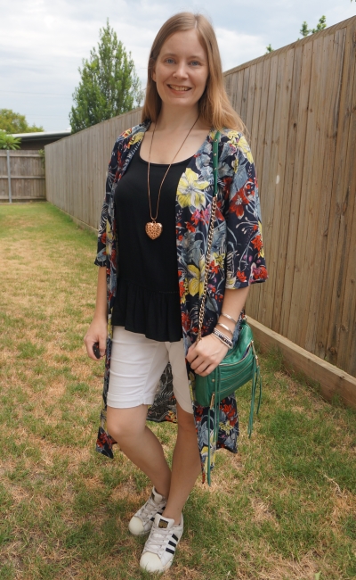 Jeanswest Melanie floral kimono with black and white peplum tank bermuda shorts outfit subtle red and green festive style | awayfromblue