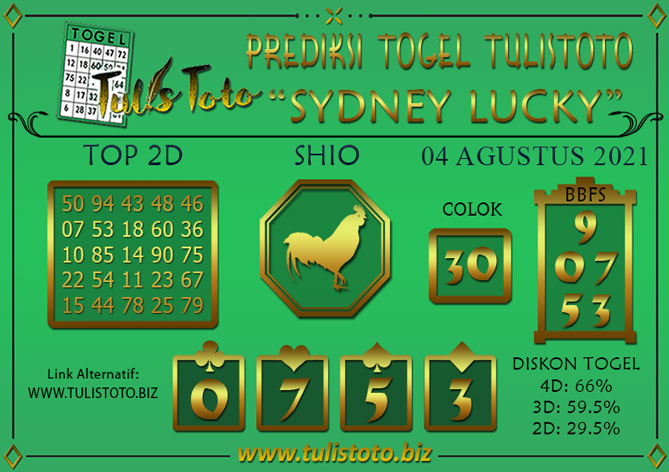 Prediksi Togel SYDNEY LUCKY TODAY TULISTOTO 04 AGUSTUS 2021