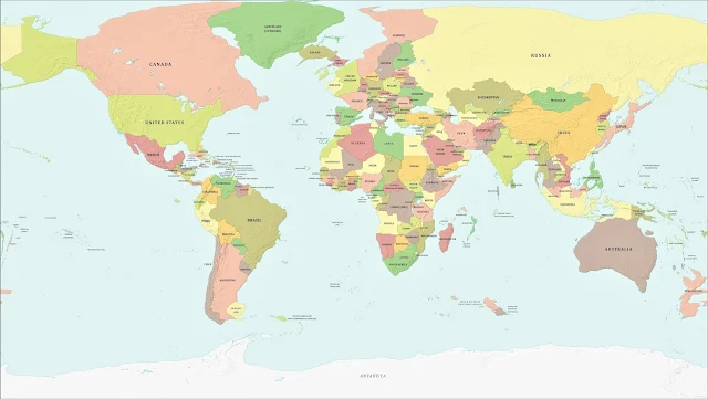 Political map of the earth with 1-kilometers sea-level drop