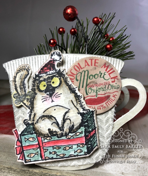TFJB Challenge Blog: Saturday Showcase - Eileen Hull&#39;s 3D Teacup and Spoon, Sizzix  3D Knitted, and Tim Holtz Snarky Cat Christmas