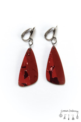 Boucles oreilles pâte polymère marbre rouge Sculpey Pardo Stenna Création