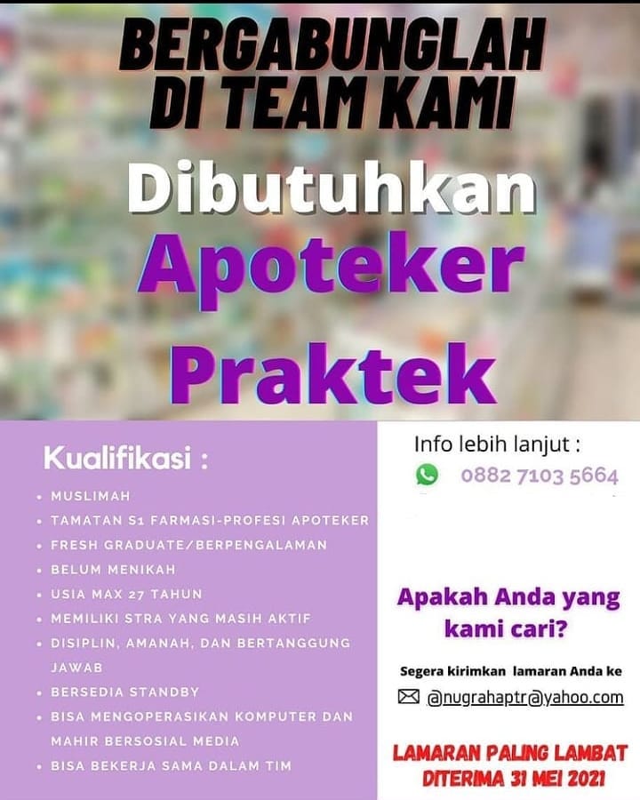 Lowongan Kerja Tamatan S1 Farmasi Profesi Apoteker