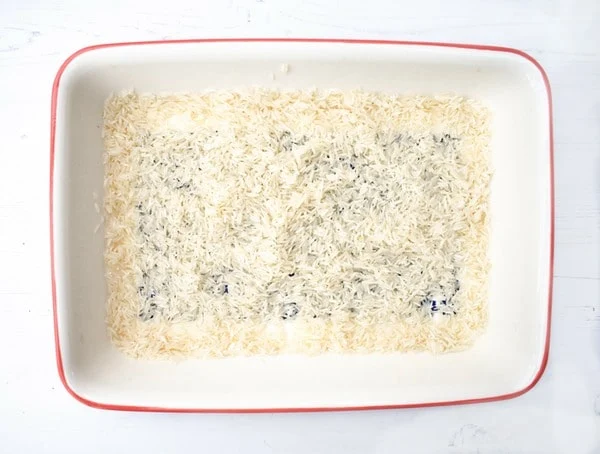Basmati rice in a rectangular white casserole dish