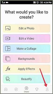 Kita harus pergi untuk pengaturan untuk mengubah kualitas foto.  Klik ikon profil di basis aplikasi.