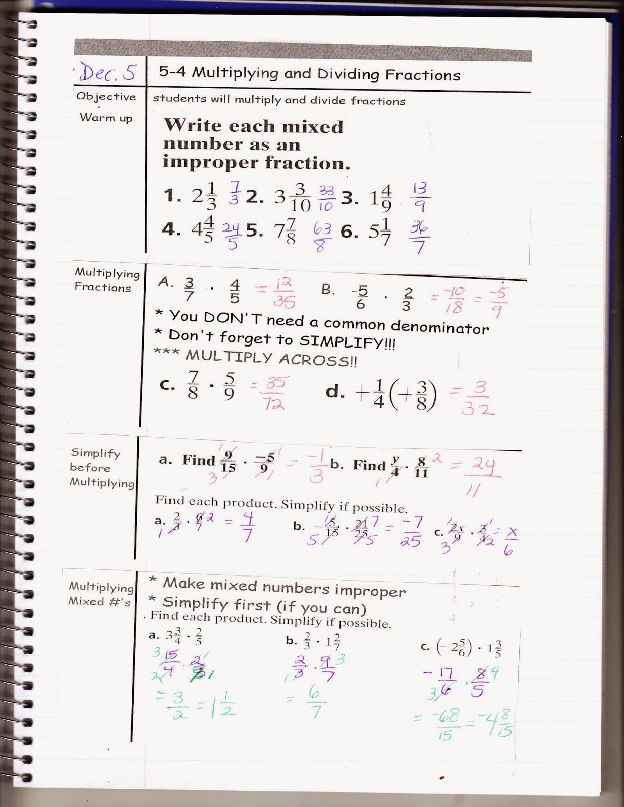 Ms. Jean's Classroom Blog: 5-4 Multiplying and Dividing Fractions
