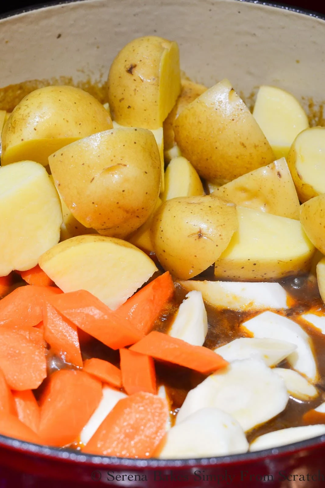 Carrots, yukon gold potatoes, and parsnips added to Guiness Beef Stew recipe.