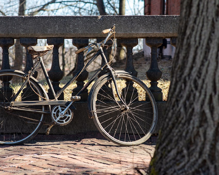 March 2020 photo by Corey Templeton. A vintage bike parked on Danforth Street in the West End.