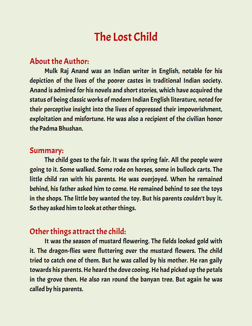 apsg Class 9 "The Lost Child" Summary, Theme & Glossary