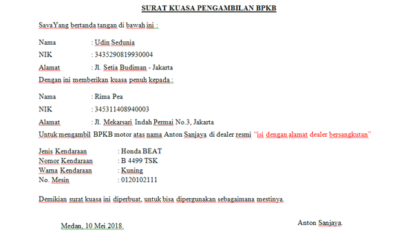 3 Contoh Surat Kuasa Pengambilan Bpkb Motor Mobil Meaplikasi