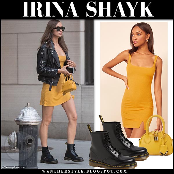 Irina Shayk in yellow mini dress, black leather jacket and leather boots in  NYC on June 25 ~ I want her style - What celebrities wore and where to buy  it. Celebrity Style