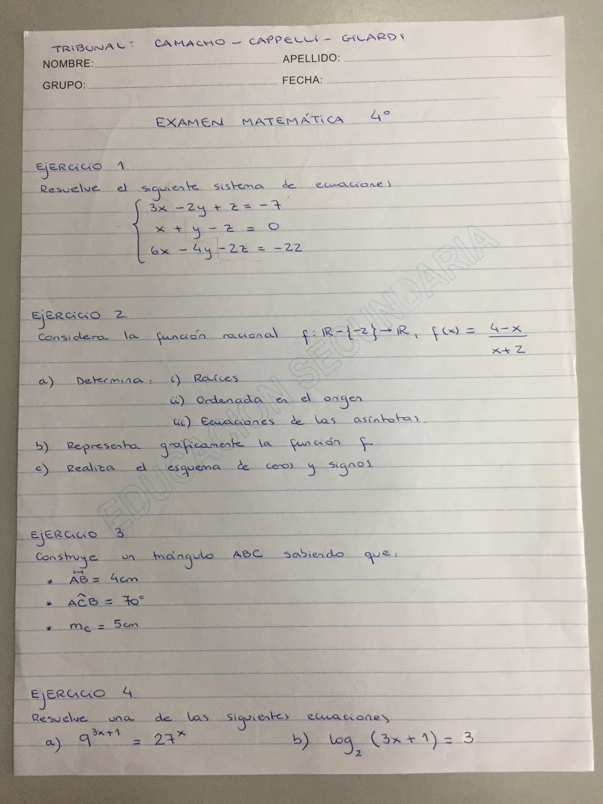 Sala Matemática LCR: Exámenes Cuarto Año