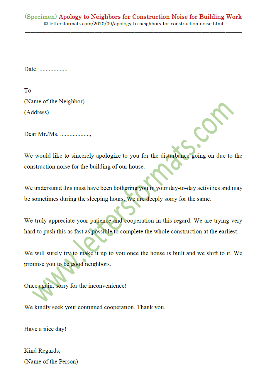 Sample Apology Letter to Neighbor for Construction Noise