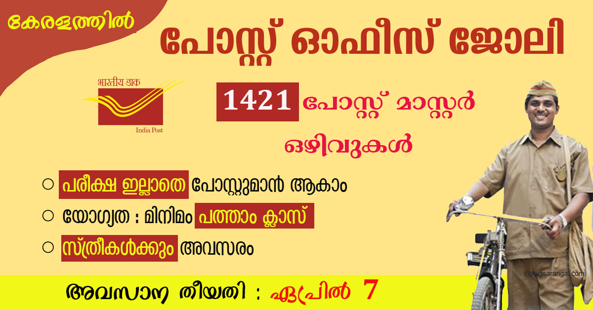 Kerala Post Office Recruitment 2021│1421 Gramin Dak Sevak Vacancy