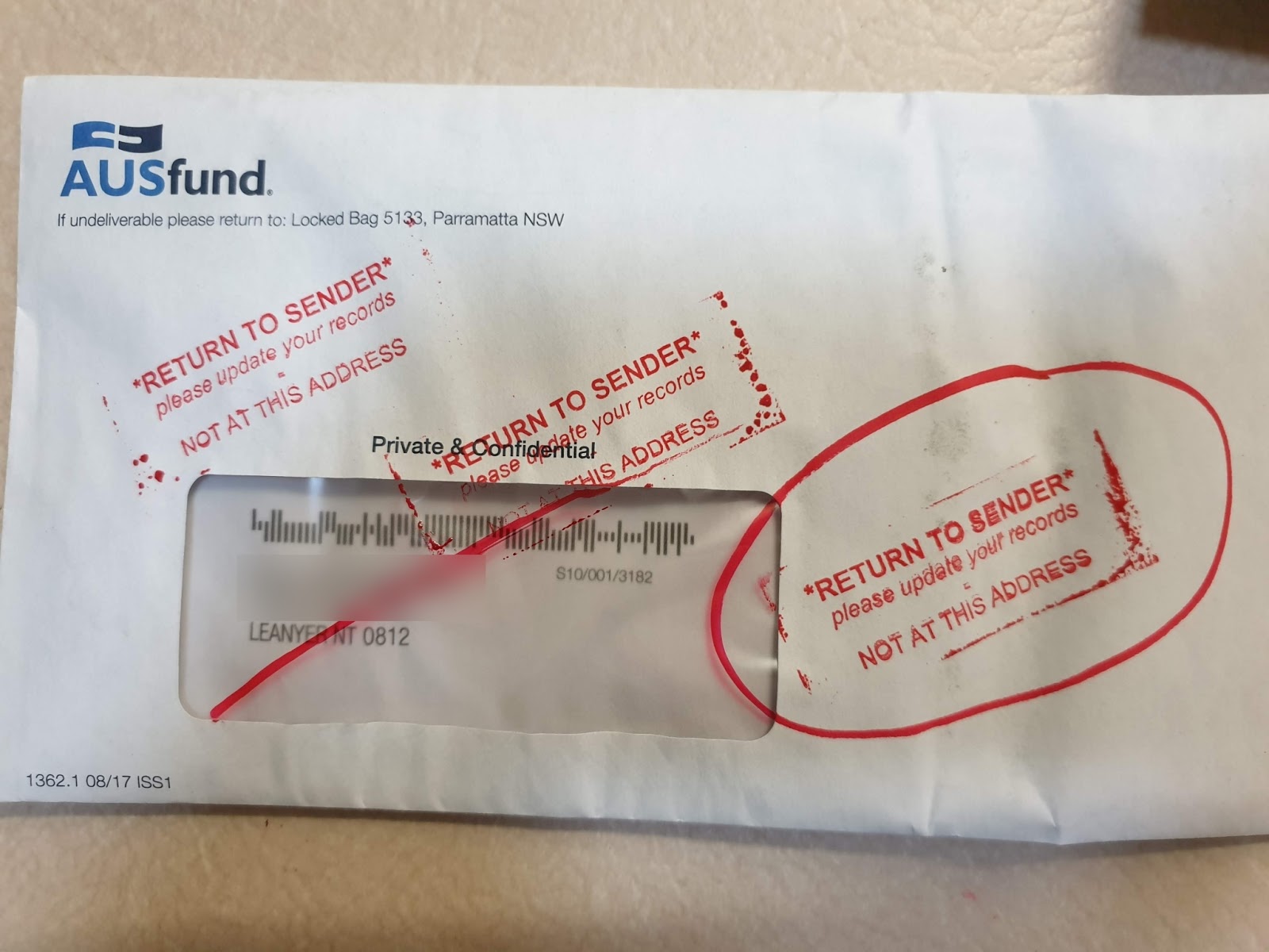Repeated "Return To Sender" from Locked Bag 5133 Parramatta NSW Not