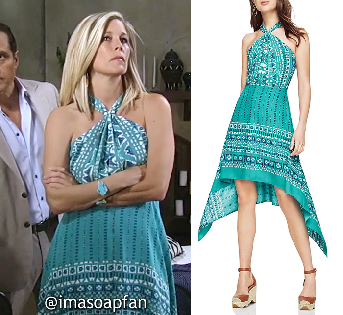 Carly Corinthos's Turquoise Blue Scarf Print Crossover Halter Dress
