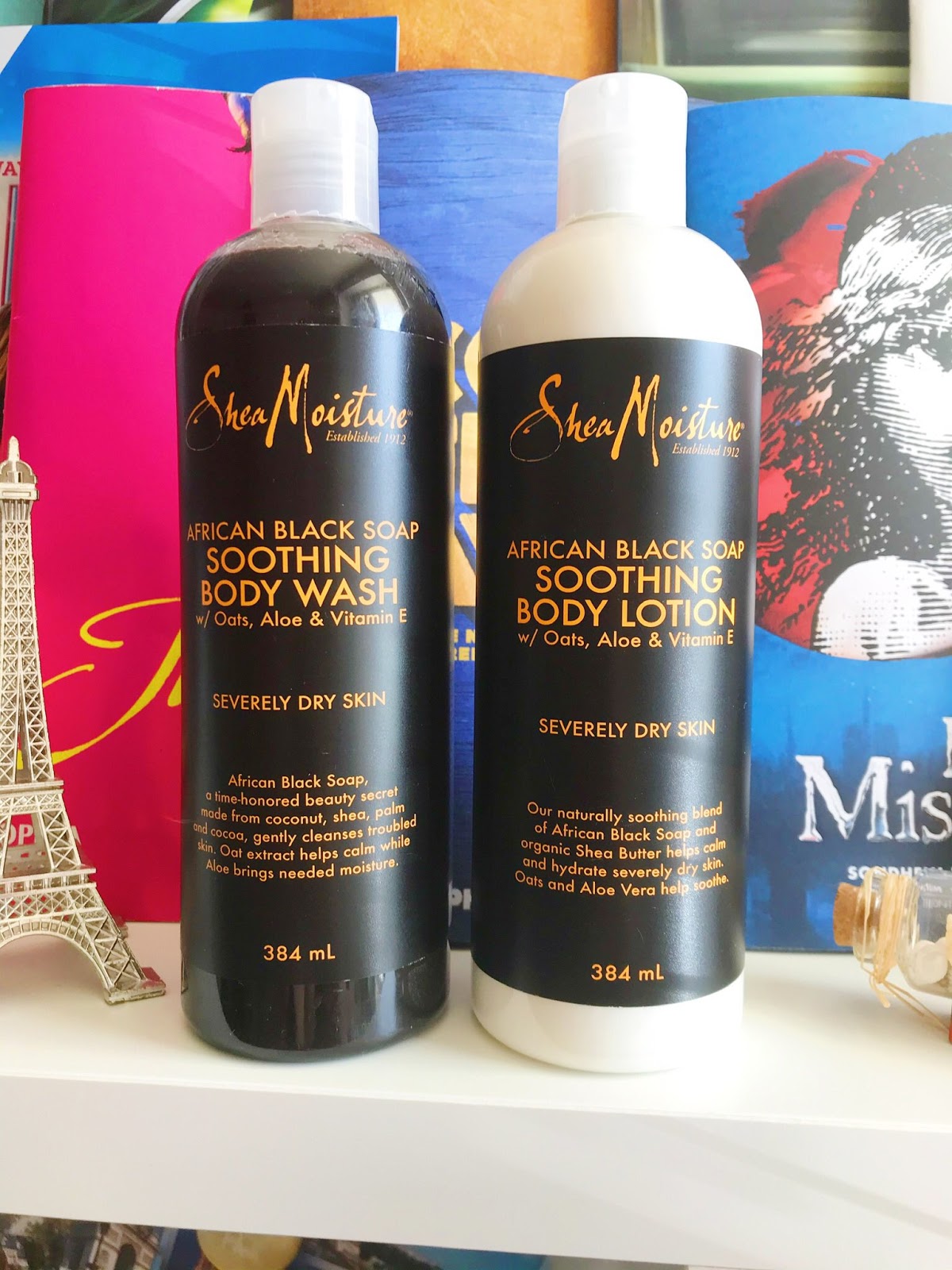 SheaMoisture Body Lotion and Body Wash on desk