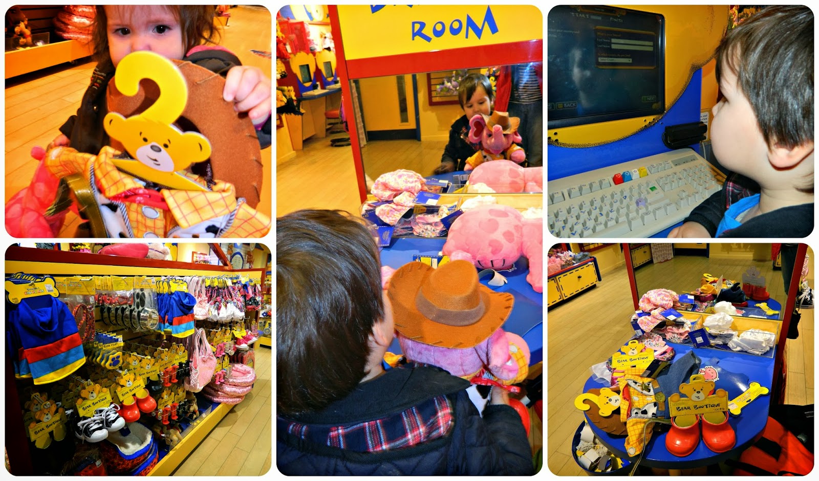 Choosing clothes and accessories and registering our bears at Build a Bear Workshop