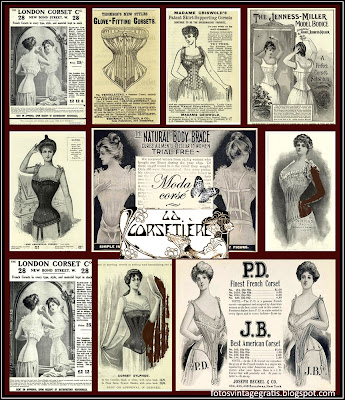 collage vintage con anuncios de corsés antiguos sobre fondo oscuro