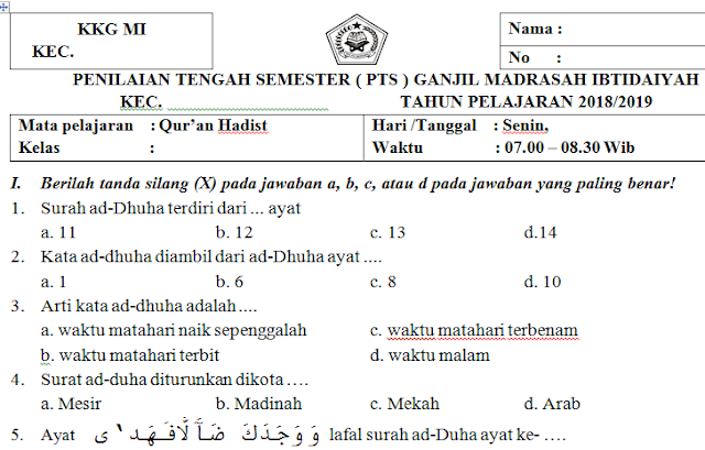 Soal PTS/UTS Qur’an Hadits Kelas 6 Madrasah Ibtidaiyah Semester Ganjil Kurikulum 2013