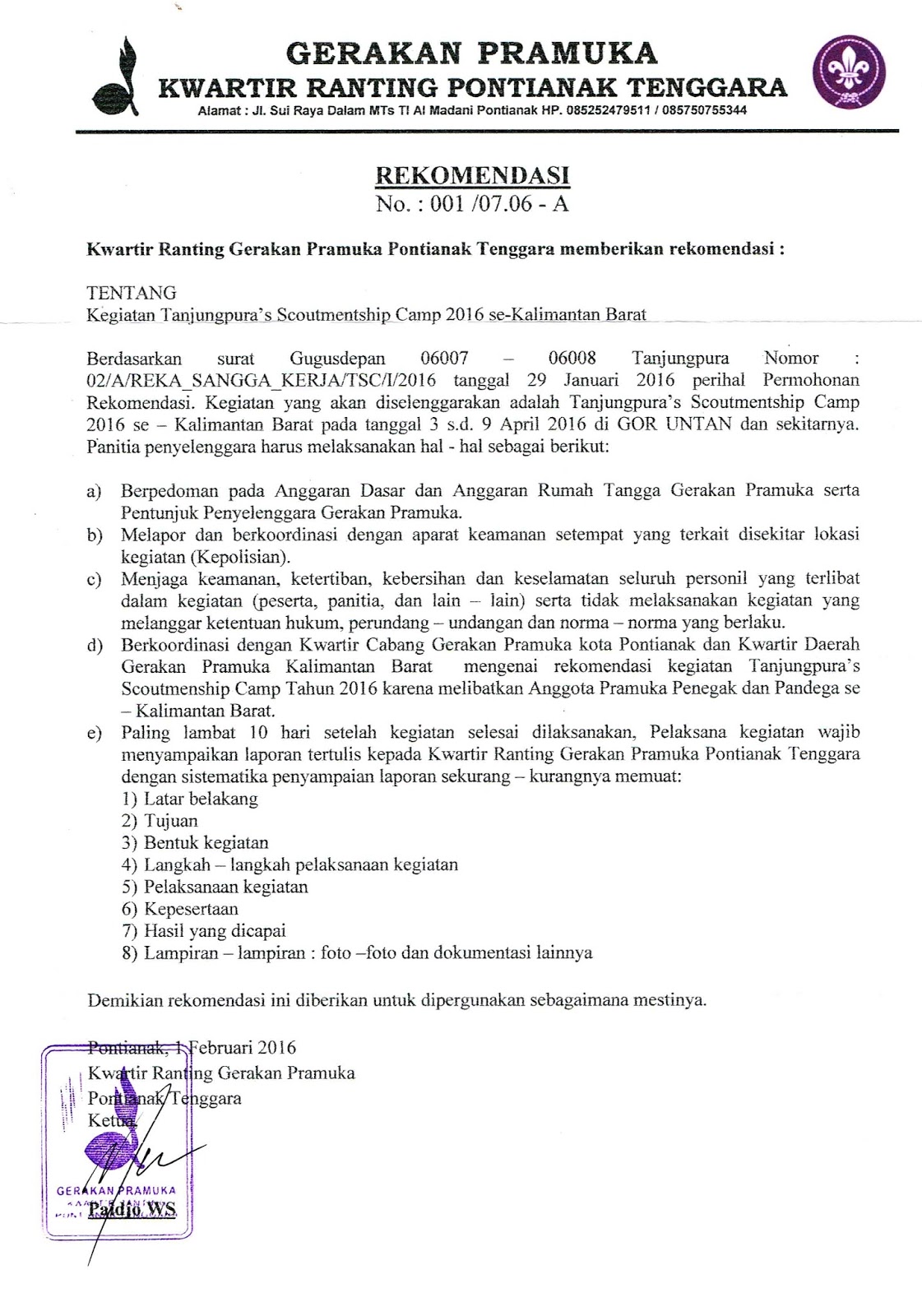 Surat Rekomendasi Kwaran Tanjungpuras Scoutmentship Camp
