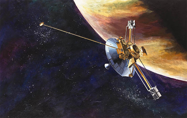 Ilustração artística da sonda Pioneer 10 se aproximando de Júpiter em 1973