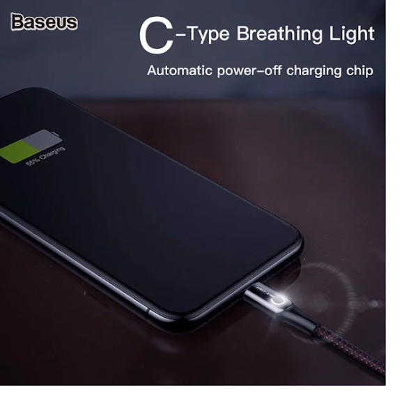 Cáp sạc Type C tự ngắt Baseus C Shape Light LV345 cho Samsung S8/S9/Note8/Note9/ Xiaomi/ Huawei/ Oppo (3A, Sạc nhanh QC 3.0, Tự ngắt khi sạc đầy, Sợi Carbon Siêu Bền, LED đổi màu thông minh)