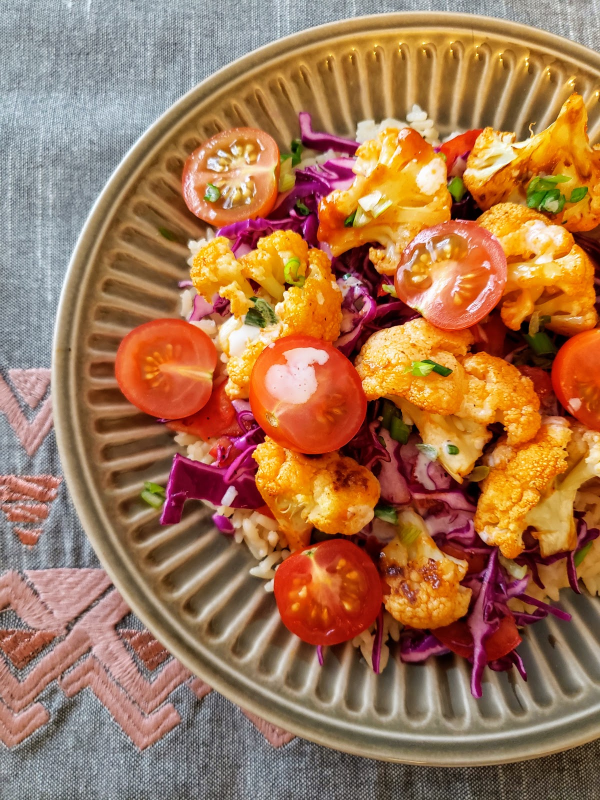 Buffalo Cauliflower Bowl with Greek Yogurt Ranch and Slaw