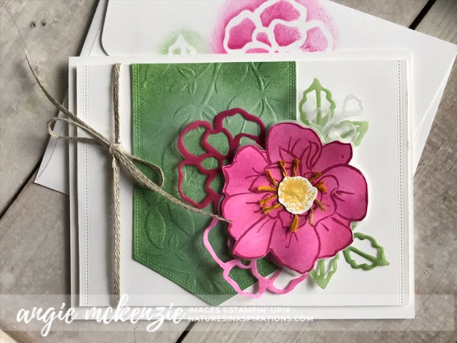 By Angie McKenzie for Kylie's International Highlights Top Ten Winners Blog Hop; Click READ or VISIT to go to my blog for details! Featuring the To A Wild Rose Stamp Set and Dies, Stitched Nested Labels Dies, Layered Leaves 3D Embossing Folder; #toawildrosestampset #inspiredbynature #coloredlinenthread #stampinupinks  #fauxoxidetechnique #fussycutting #encouragementcards #cardtechniques #vellumlayers