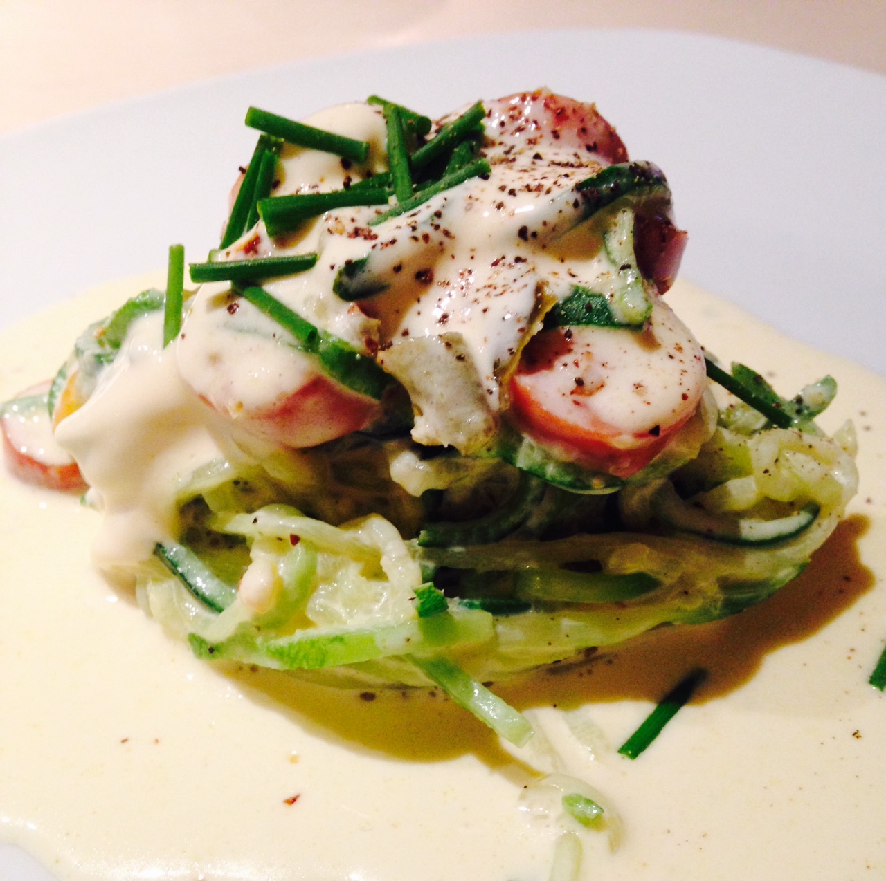 Banting LCHF Lifestyle Creamy Baby Marrow Spaghetti with fried cheese