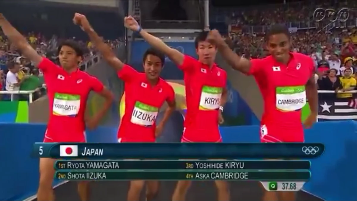 リオオリンピックの男子400mリレーのチームの四人が横に並んで右手を上げている
