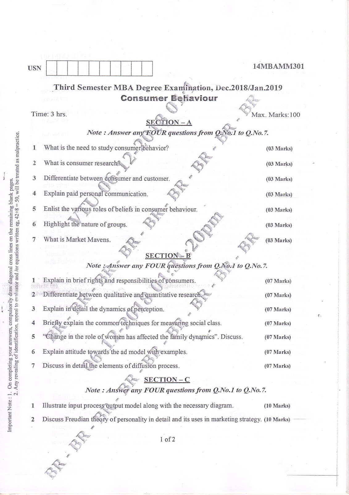 AR VTU MBA E-NOTES: VTU MBA 3rd sem question papers Consumer Behavior