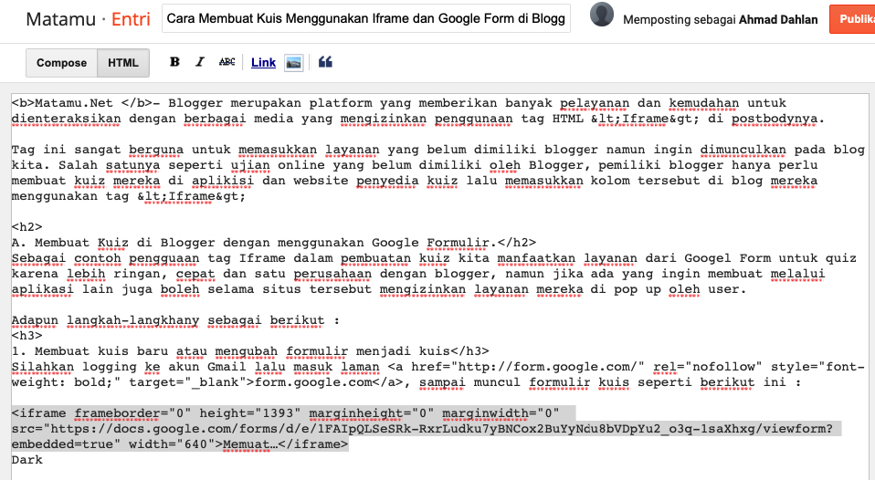 Letak code iframe Membuat Quiz dengan Formulir online google Membuat Quiz dengan Formulir online google dengan code Iframe