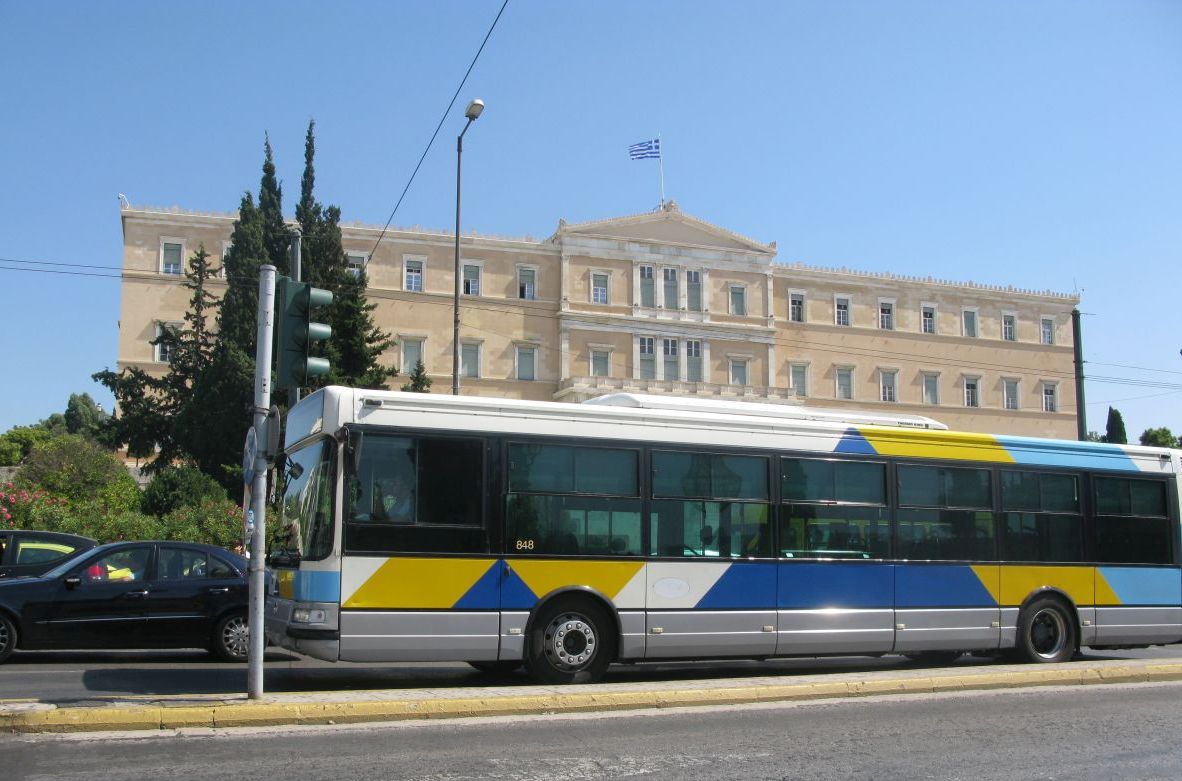 athenian bus in front of the Greek Parliament