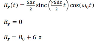 The three magnetic fields applied during slice selection for magnetic resonance imaging: A static field, a gradient field, and a radiofrequency field.