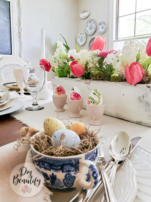 spring table with cottage floral eggs