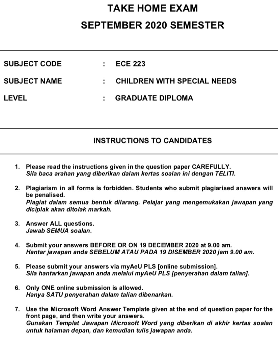 Graduate Diploma in Early Childhood Education (MQA No FA0665) Examination Graduate Diploma in Early Childhood Education (MQA No FA0665) Examination