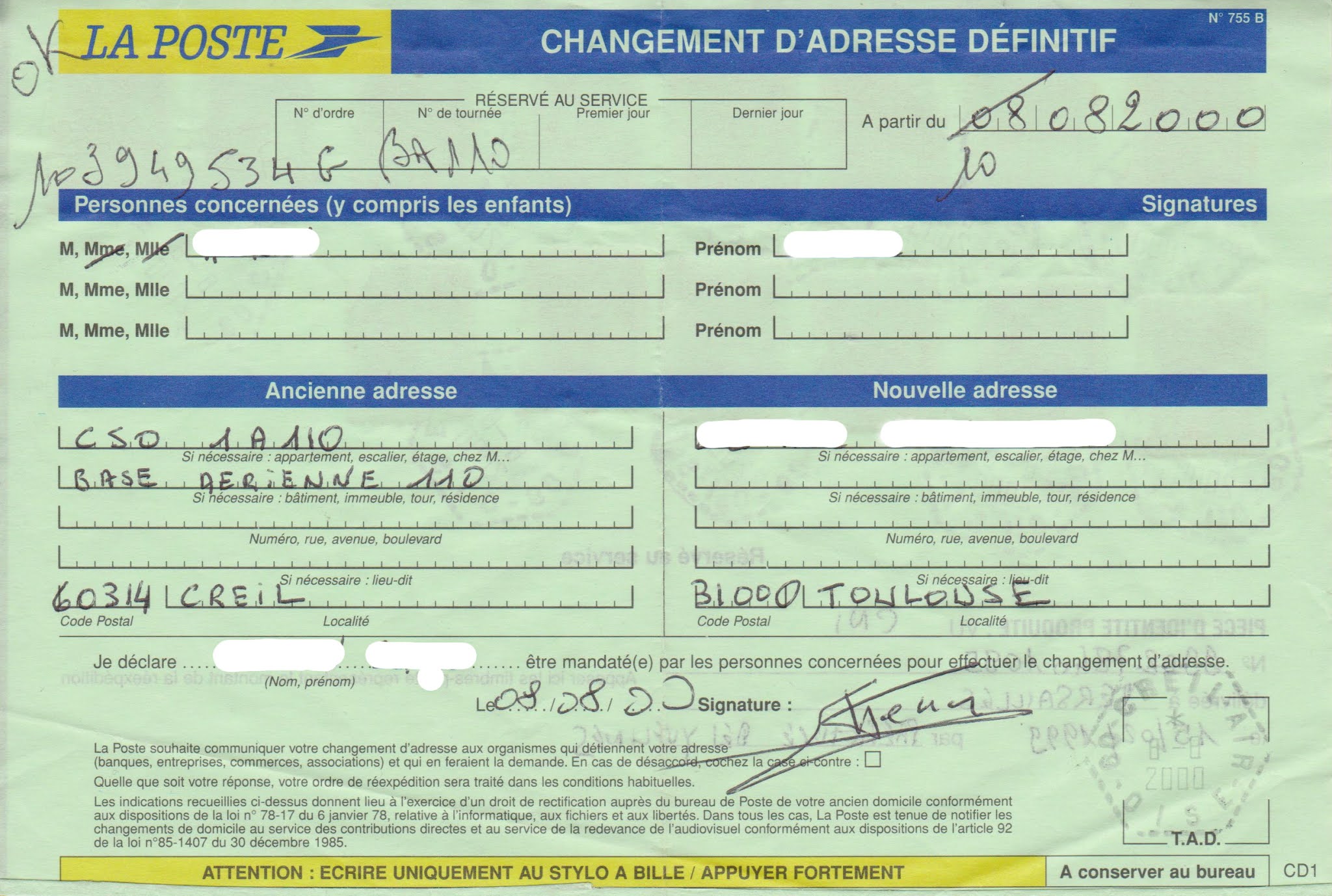 Réexpédition Définitive Du Courrier En Cas De Décès LA POSTE AUX ARMEES: Les ordres de réexpédition N° 755 A et 755 B