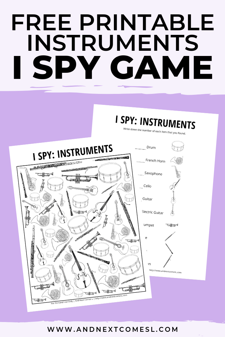 Free I spy game printable for kids: musical instruments themed