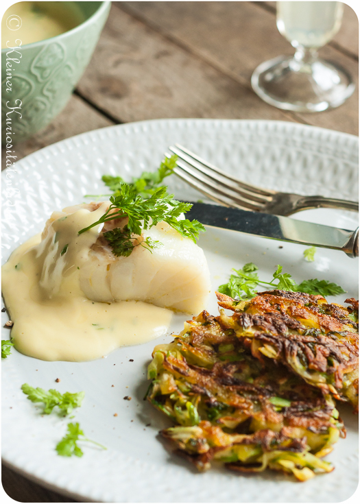 Confierter Kabeljau mit Spargelrösti und Sauce Mousseline