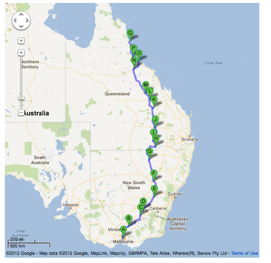 Cycle Around Australia 2013 Google map of Melbourne to Cairns.