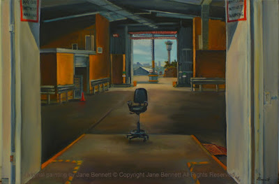 plein air oil painting of interior of abandoned cruise ship terminal Wharf 8 Barangaroo by industrial heritage artist Jane Bennett