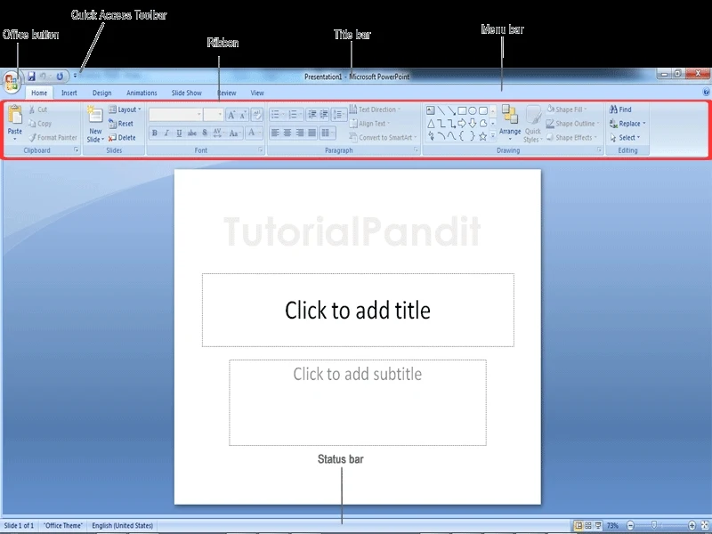 MS PowerPoint, जिसका पूरा नाम ‘Microsoft PowerPoint‘ है तथा इसे ‘PowerPoint‘ के नाम से भी जानते है, एक Presentation Program है, जो सूचनाओं को Slides format में कुछ मल्टीमीडिया विशेषताओं जैसे- फोटो एवं आवाज के साथ Open, Create, Edit, Formatting, Present, Share एवं Print आदि करने का कार्य करता है।  MS PowerPoint को Microsoft द्वारा विकसित किया गया है, MS PowerPoint , Microsoft Office का एक भाग है। What is PowerPoint full information MS PowerPoint 2007 की विंडो    MS PowerPoint की विंडो को कई भागों में बाँटा गया है आइए MS PowerPoint की विंडो के प्रत्येक भाग को क्रम से जानते है।  1. Office Button Office Button MS PowerPoint का एक प्रमुख भाग है. यह बटन Menu Bar में होता है. इस बटन में MS PowerPoint में बनने वाली फाईल या स्लाईड के लिए कई विकल्प होते है। 2. Quick Access Toolbar Quick Access Toolbar, MS PowerPoint का एक विशेष भाग है. यह टूलबार Title Bar में होता है. इसे हम शॉर्टकट की तरह उपयोग मे लेते है. इस टूलबार में अधिकतर काम आने वाली Commands को add कर दिया जाता है और वे इसमे जुड जाती है. Quick Access Toolbar की सहायता से MS PowerPoint में कार्य थोडी Speed से हो पाता है। 3. Title Bar Title bar MS PowerPoint विंडो का सबसे ऊपरी भाग है. इस बार पर MS PowerPoint मे बनाई गई फाईल के नाम को दिखाया जाता है. जब तक फाईल को रक्षित (save) नही किया जाएगा फाईल का नाम नही दिखाया जाता है और वहां “Presentation1” लिखा होता है। जैसे ही हम फाईल को किसी नाम से रक्षित (save) करते है तब “Presentation1” के स्थान पर फाईल नाम दिखाया जाता है. Title bar के दांये कोने में तीन बटन होते है. इन तीन बटन में पहला बटन “Minimize” होता है जिस पर क्लिक करने से Open Program Task Bar में आ जाता है. दूसरा बटन “Maximize or Restore down” होता है. यह बटन विंडो की Width को कम या ज्यादा करने का कार्य करता है. और तीसरा बटन “Close button” है, जो प्रोग्राम को बंद करने का कार्य करता है। 4. Ribbon Ribbon MS PowerPoint विंडो का एक और भाग है. यह Menu Bar से नीचे होता है. इस पाठ मे दिखाई गई MS PowerPoint विंडो में लाल रंग का हिस्सा ही Ribbon है. इस भाग में MS PowerPoint tabs (जो विकल्प menu bar में होते है) के विकल्पों को दिखाया जाता है। 5. Menu Bar Menu Bar MS PowerPoint में टाईटल बार के नीचे होती है. इसे Tab Bar भी बोल सकते है क्योंकि इन्हें अब टेब ही बोला जाता है. Menu Bar में कई विकल्प होते है और प्रत्येक की अपनी Ribbon होती है। 6. Status Bar Status bar MS PowerPoint में text area के बिल्कुल नीचे होती है. इस बार में “Zoom Level” नामक टूल होता है, जिसकी सहायता से PowerPoint Slides को Zoom in तथा Zoom out किया जा सकता है. इसके अलावा भी बहुत से टूल इस बार में होते है जैसे;  language, themes, Slide Number आदि। 7. Text Area Text Area MS PowerPoint का सबसे मह्त्वपूर्ण भाग है. और यह MS PowerPoint विंडो का सबसे बडा तथा मध्य भाग होता है. MS PowerPoint में इसे Slides कहते है. इसी क्षेत्र मे Presentation Text को लिखा जाता है।