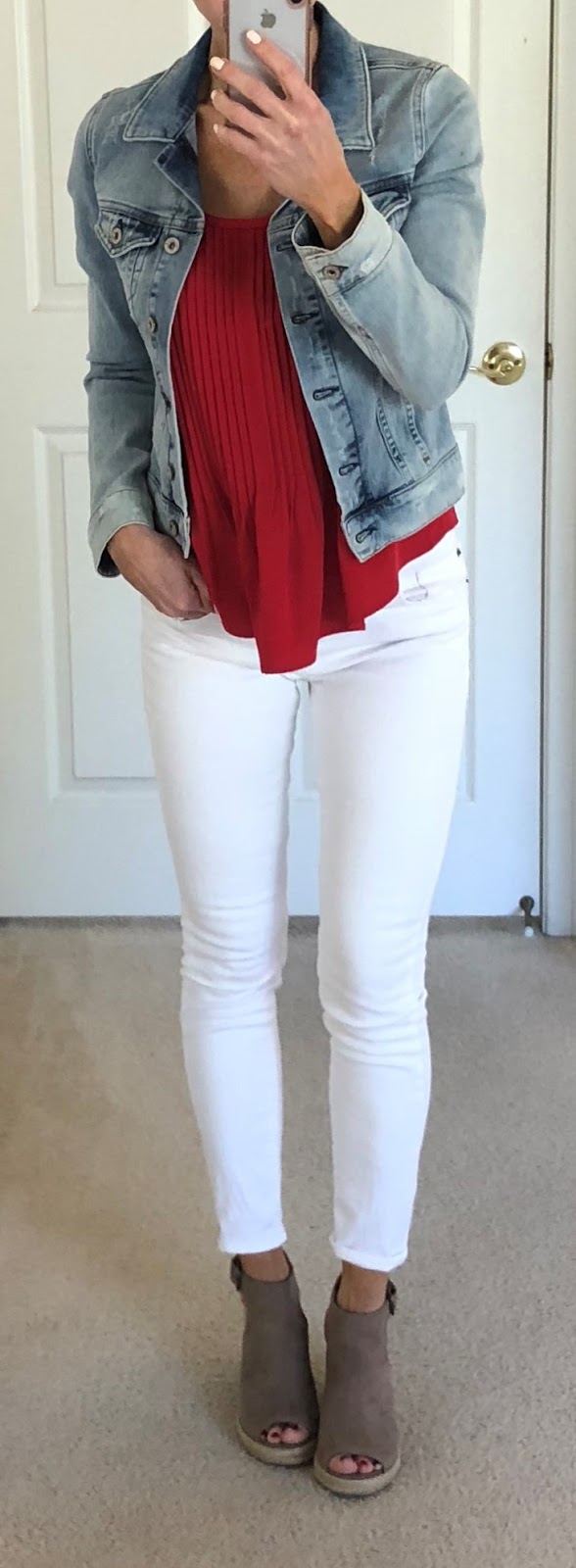 red top with denim jacket