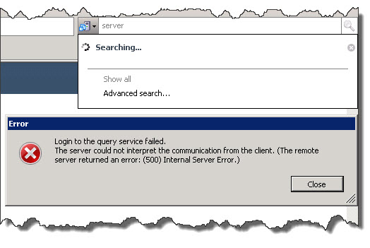 VMWare vCenter Client Inventory search fails. Error: Login to the query service failed